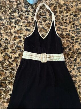 Black Velvet Halter Dress with Cream Trim and Belt